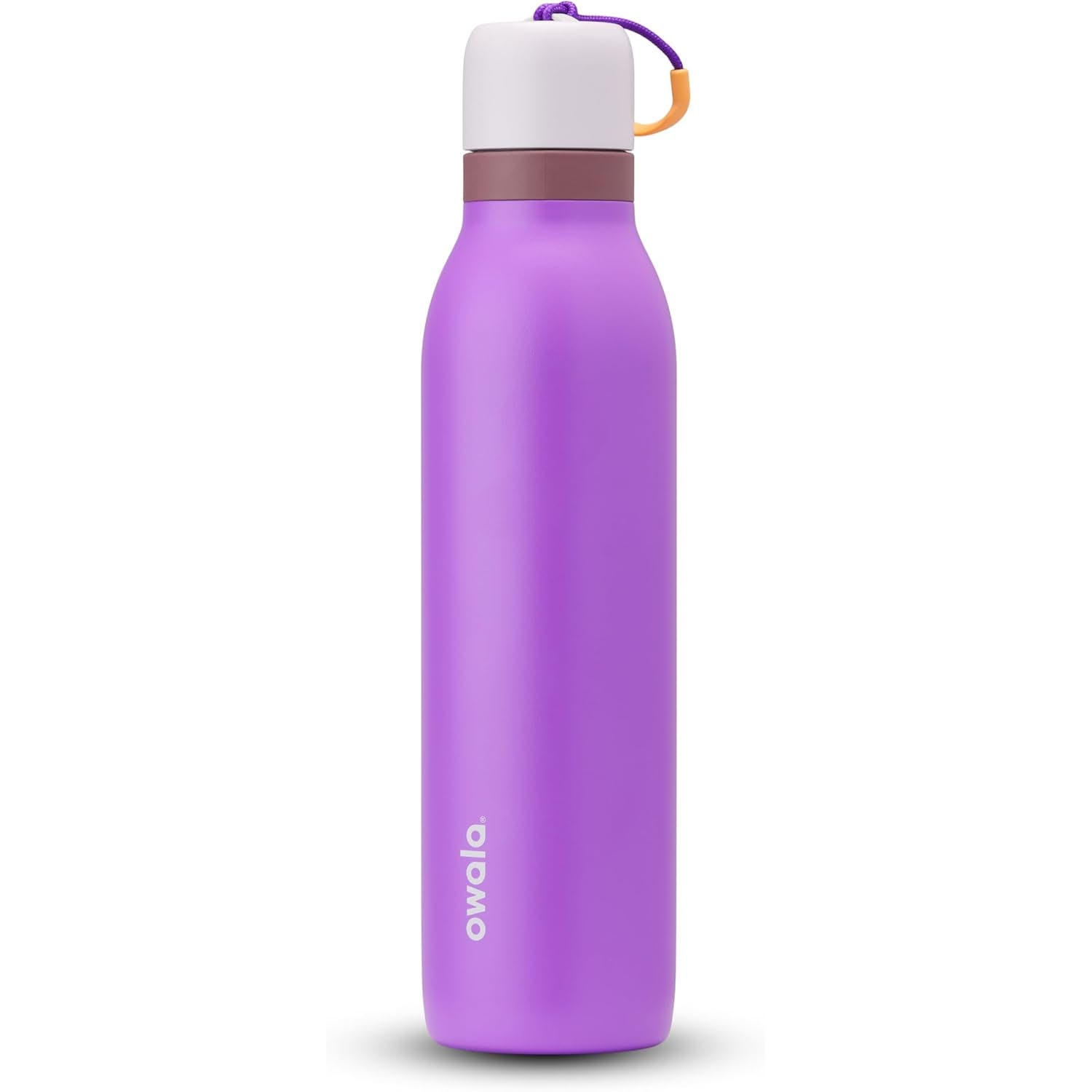 A purple Owala water bottle with a white cap and a purple carrying strap.