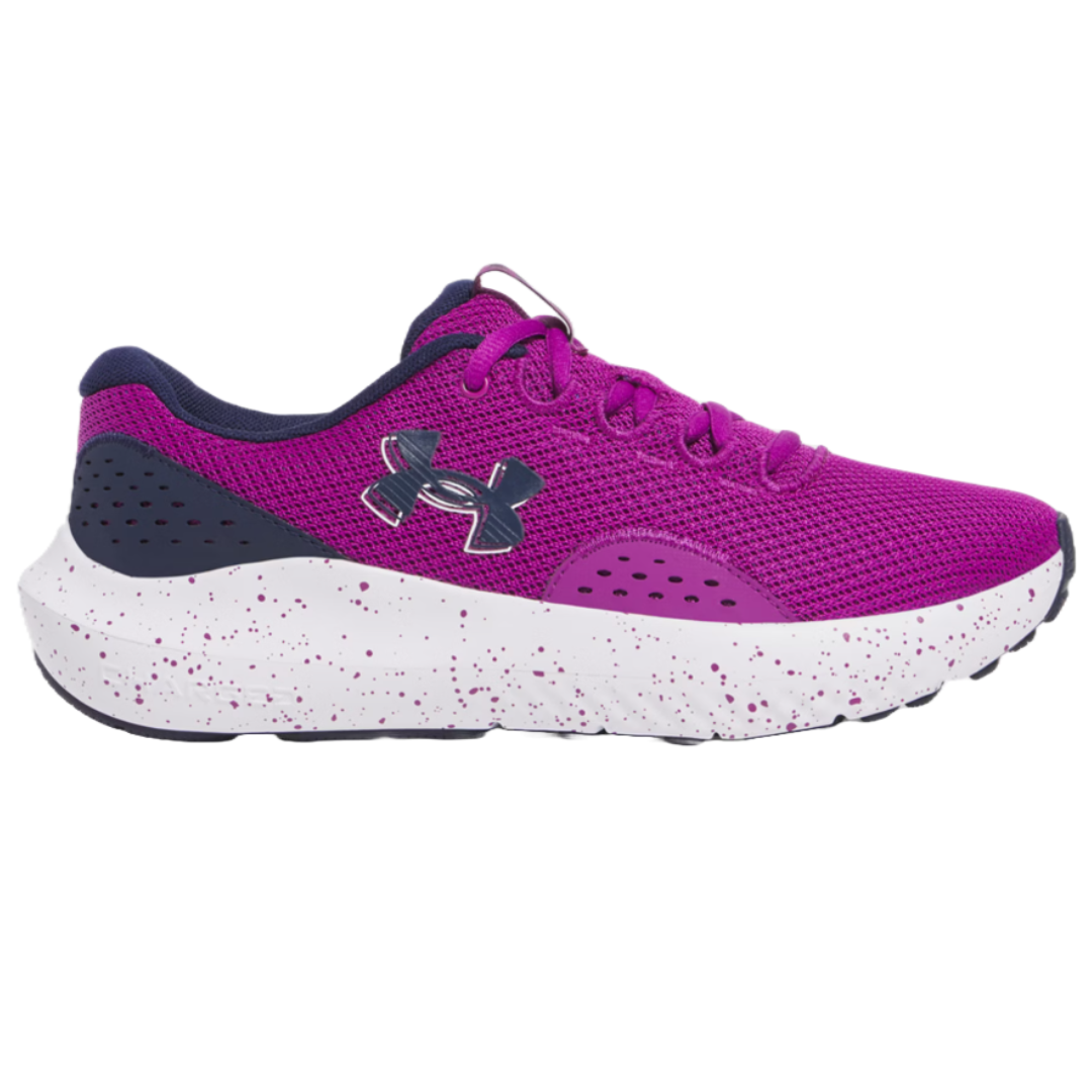 Purple Under Armour running shoe with a breathable mesh upper and a white speckled sole.
