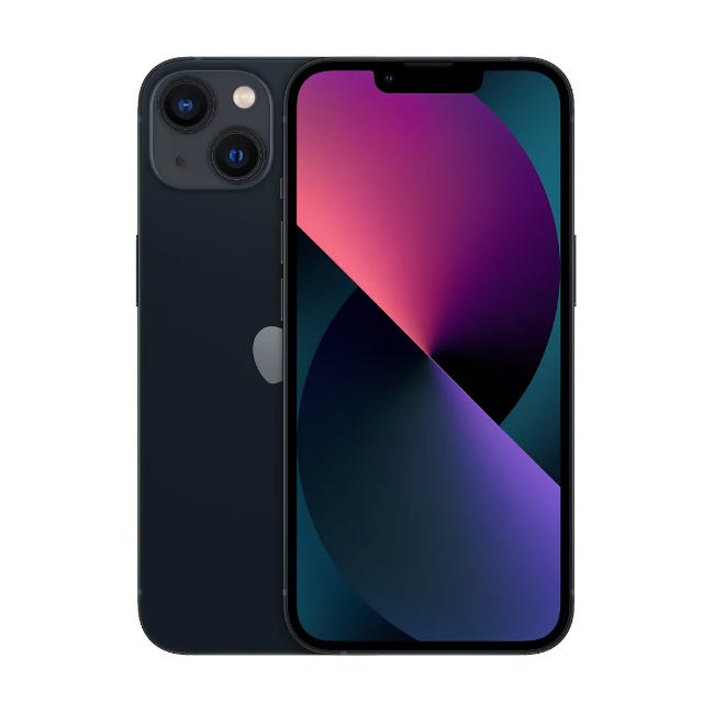 A black iPhone 13 with dual rear cameras is shown, featuring a high-resolution screen with a colorful gradient wallpaper. The Apple logo is visible on the back.