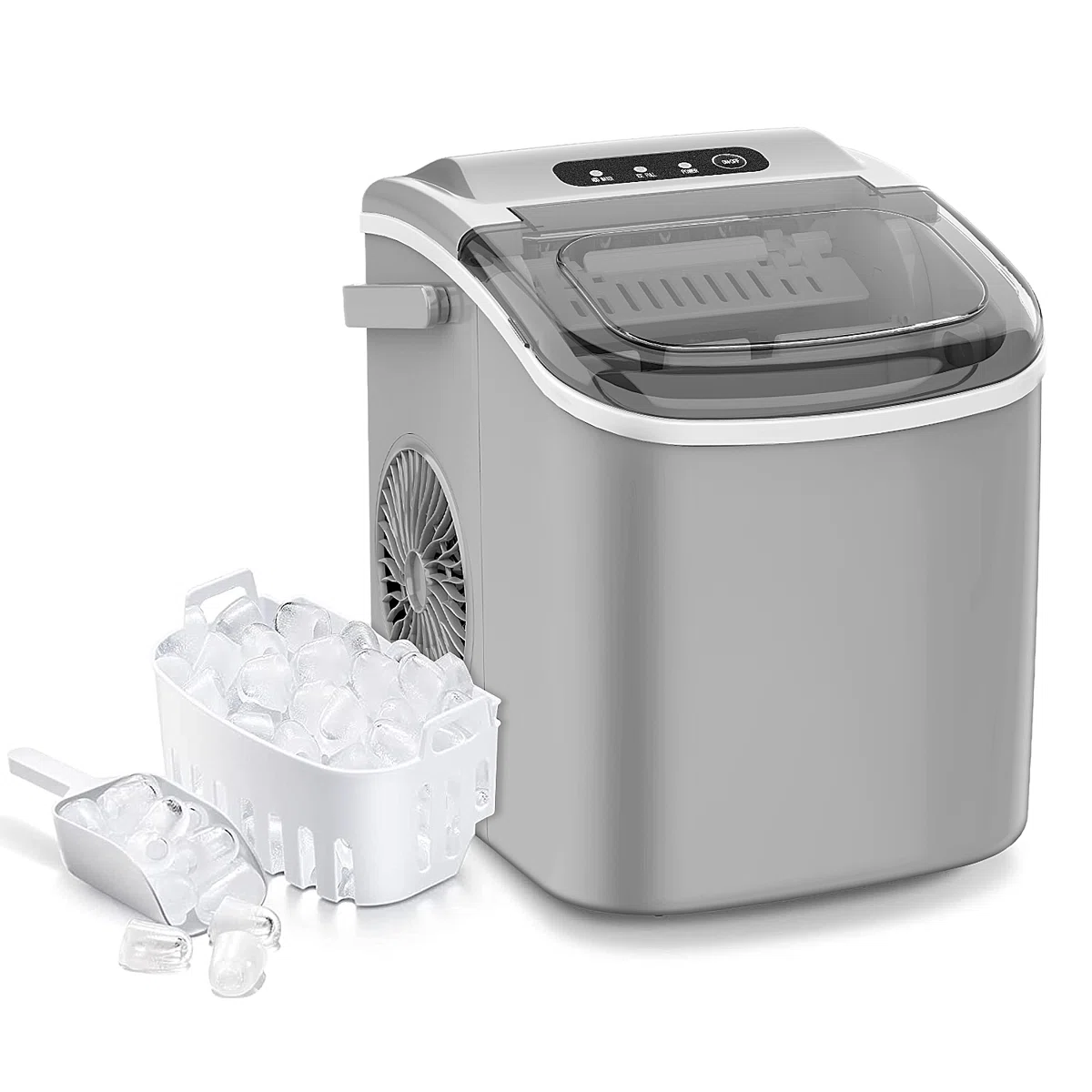 Countertop ice maker with a transparent lid, side fan vent, and includes an ice scoop and basket filled with ice cubes.