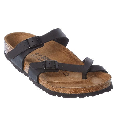 A black, single-toe-loop sandal with two adjustable straps features a cork and rubber sole for comfort and support.