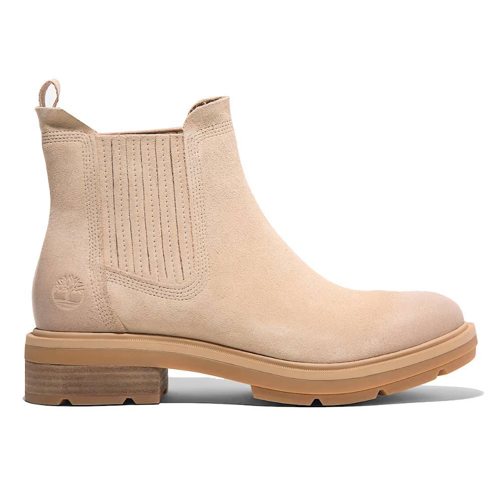 Beige suede Timberland Brimfield Chelsea Boots with elastic side panels, a heel tab, and a rugged rubber sole. The boots feature the Timberland logo near the heel.