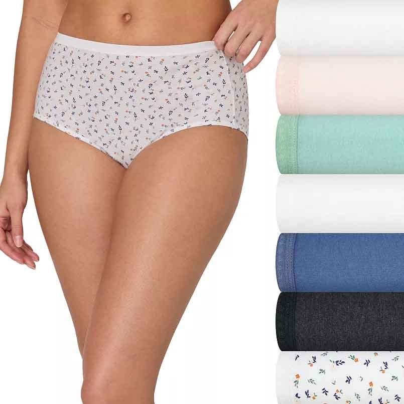 A set of women's high-waisted briefs with various colors and patterns, including floral prints, displayed alongside rolled-up pairs in white, pink, green, blue, and black.