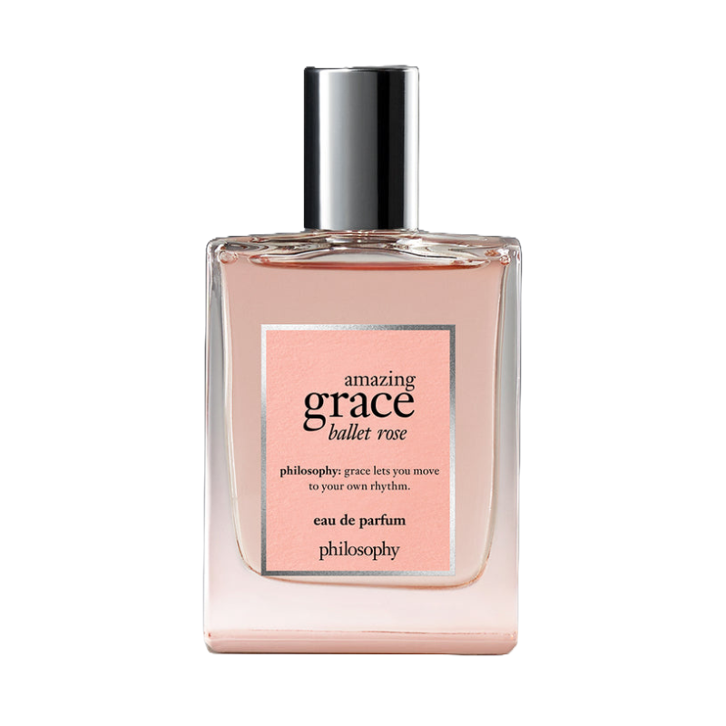 Philosophy Amazing Grace Ballet Rose Eau de Parfum features a pink, elegant bottle with a silver cap and labels. It emphasizes rose and floral notes for a graceful fragrance experience.