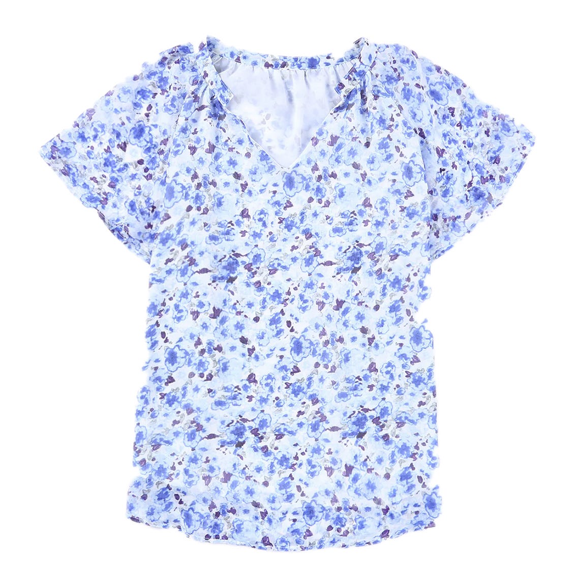 Short-sleeve floral blouse featuring a blue and white pattern with a V-neck and light ruffle detailing at the shoulders.