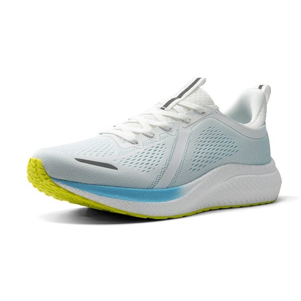 A light blue and white athletic shoe with a yellow sole.