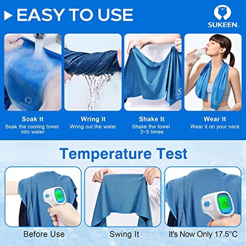 A set of 4 cooling towels is showcased with instructions for use: soak, wring, shake, and wear around the neck, along with a temperature test before and after shaking the towel.