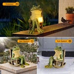 Four panels display a solar-powered garden statue of a frog sitting on a chair; each panel demonstrates its durability in different weather conditions: rain, sun, and snow.