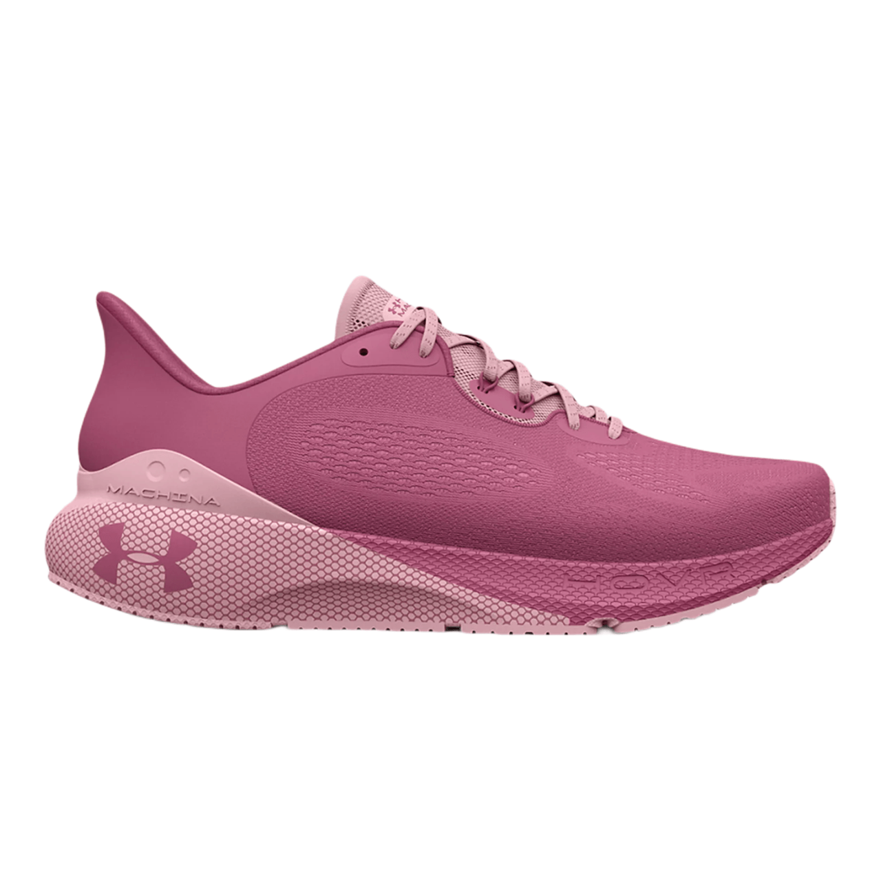 Pink Under Armour running shoe with \“Machina\“ and \“HOVR\“ text on the sole, featuring a sleek design and lace-up closure.