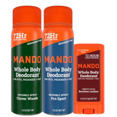 Mando Mini Deodorant Set includes two 1 oz invisible sprays in \“Clover Woods\“ and \“Pro Sport\“ scents, plus a 0.5 oz smooth solid in \“Bourbon Leather,\“ all offering 72-hour odor control, aluminum-free.