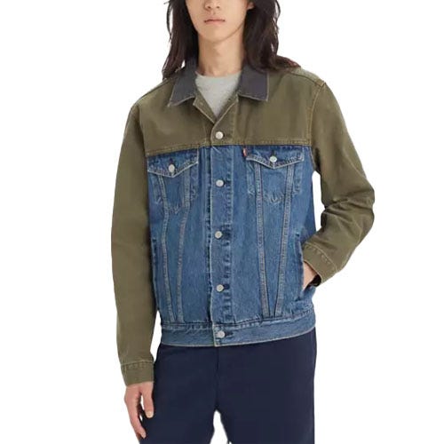 Levi's Trucker Jacket features a patchwork design with olive green sleeves and collar paired with a classic blue denim body. It has a button-front closure and chest pockets, blending casual and utilitarian styles.