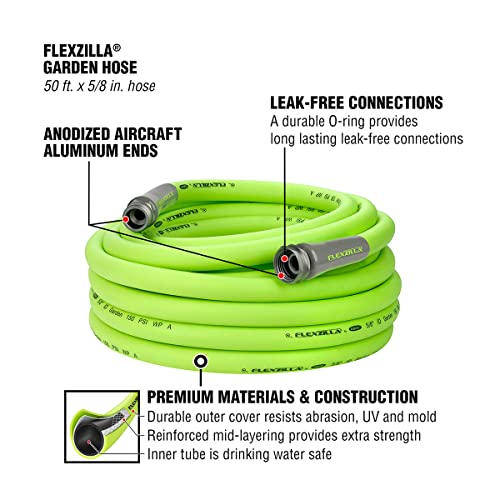 Bright green Flexzilla garden hose, 50 ft. x 5/8 in., with leak-free anodized aluminum ends, and materials designed for durability, UV and mold resistance, and drinking water safety.