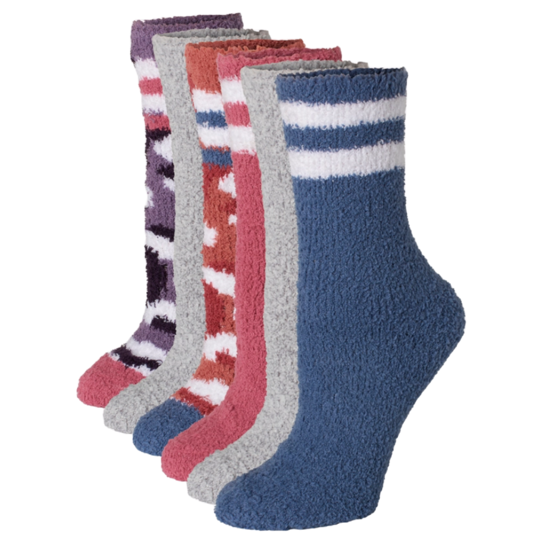 A set of six pairs of fuzzy crew socks in various colors and patterns, including solid blue with stripes, gray, pink, and abstract designs in contrasting shades like purple and red.