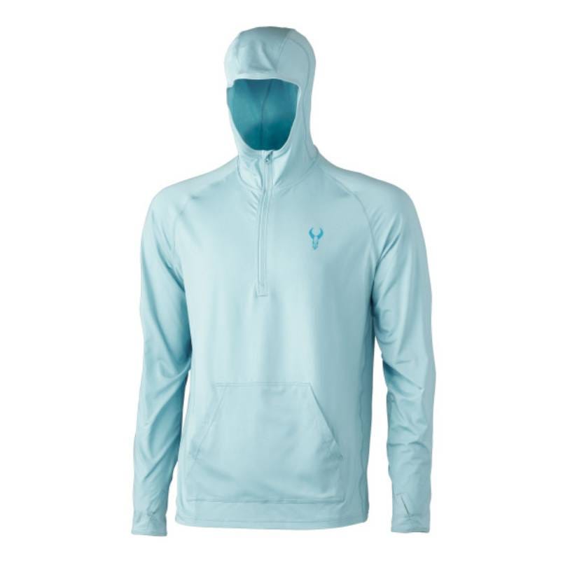 This is a light blue hoodie with a half-zip front, kangaroo pocket, and integrated face mask; the logo on the chest suggests it's designed for outdoor activities.