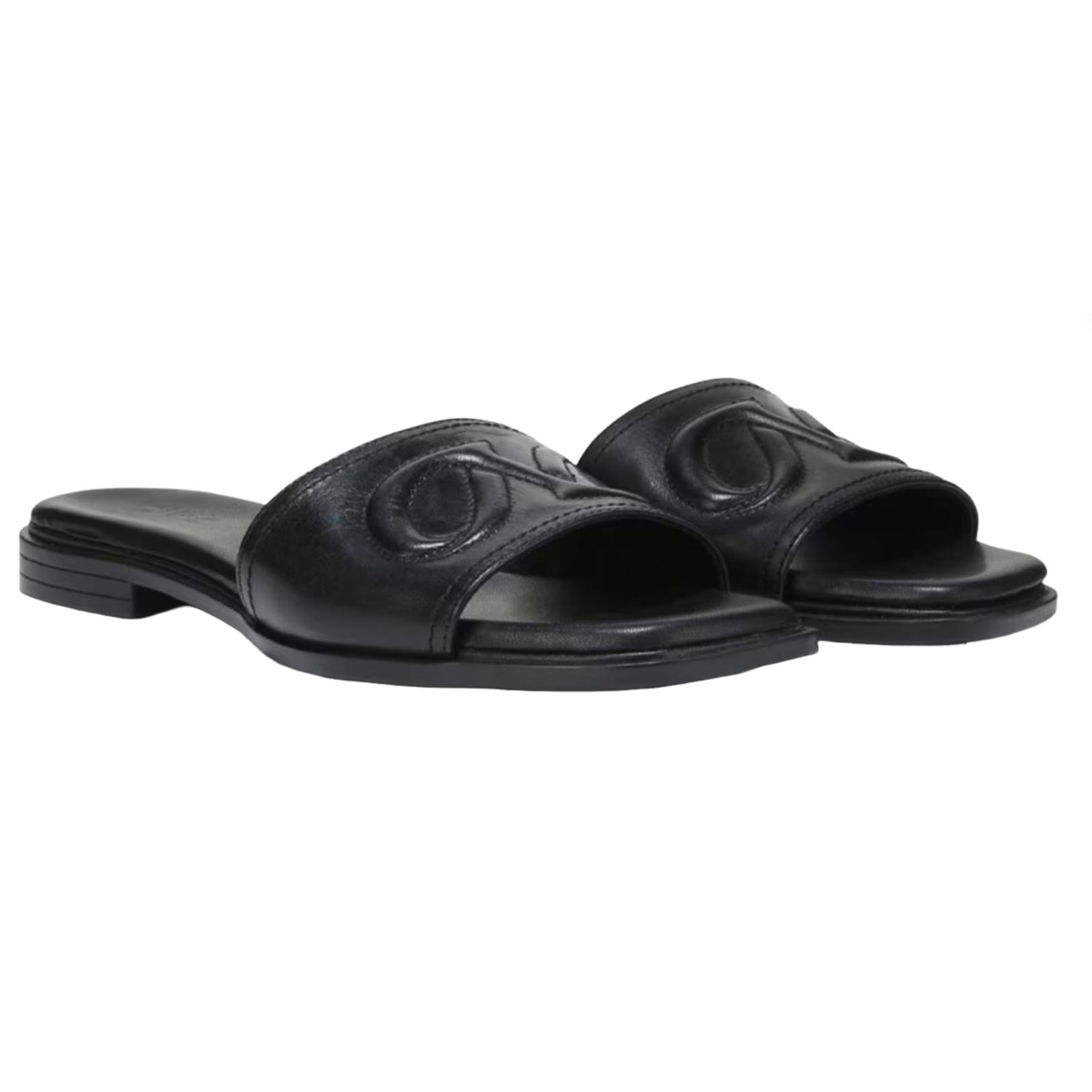Black leather slide sandals with a low heel and a raised design on the strap.