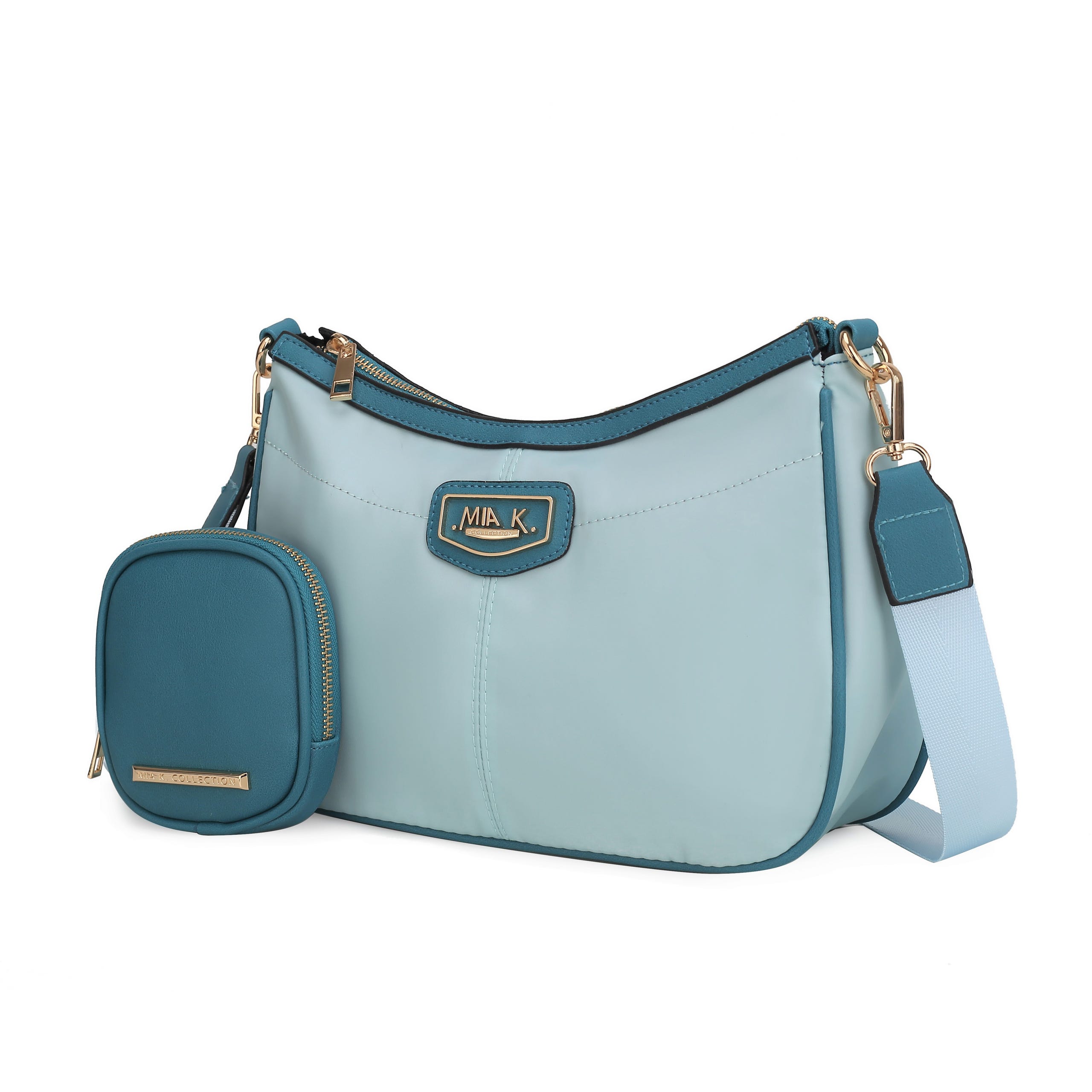 A light blue shoulder bag with a detachable small pouch attached via a strap, both with gold-tone hardware.