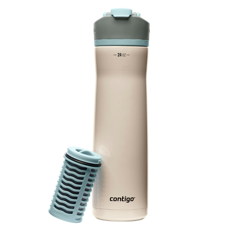 Contigo insulated water bottle with a removable filter, capacity 24 oz, featuring a beige body and gray-blue lid and filter.