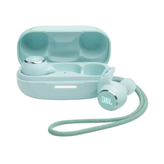 A pair of JBL wireless earbuds with a matching charging case and a wrist strap.