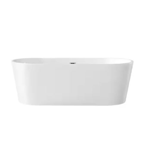 The Brightling 67” Soaking Bathtub is a sleek, freestanding tub with a smooth, white finish, designed for deep soaking. It features a minimalist and modern style with gently curved edges.