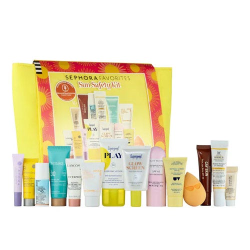 Sephora's 14-piece Sun Safety Kit features a variety of sun care and skincare products, including SPF creams, serums, moisturizers, and an application sponge, designed for sun protection and skin nourishment, all packaged in a summery, bright yellow kit.