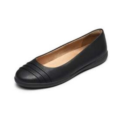 A black flat shoe with a rounded toe and decorative stitching on the front.