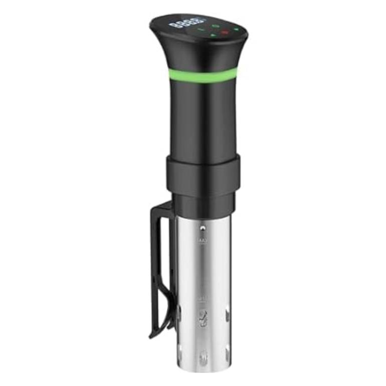 A black and silver sous vide cooker with a digital control panel on the top handle and an adjustable clamp on the side.