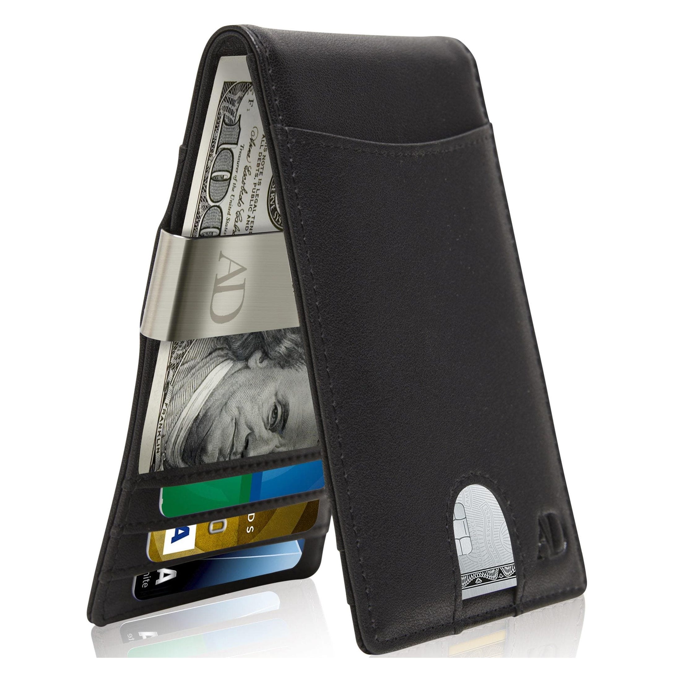 A black leather wallet with a money clip holding US dollar bills and slots containing various credit cards.