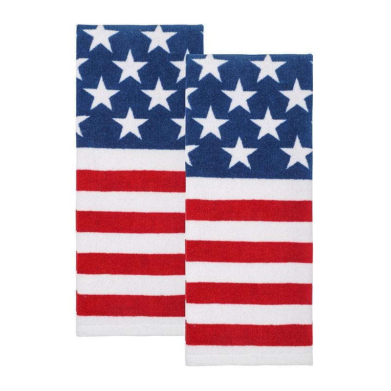 Two kitchen towels with an American flag pattern, featuring stars on a blue background and red and white stripes.