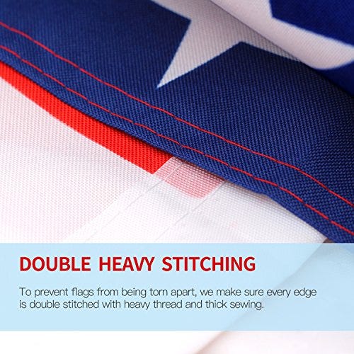 Close-up view of the stitching on an American flag, focusing on the precision of the double heavy stitching at the seams for durability.