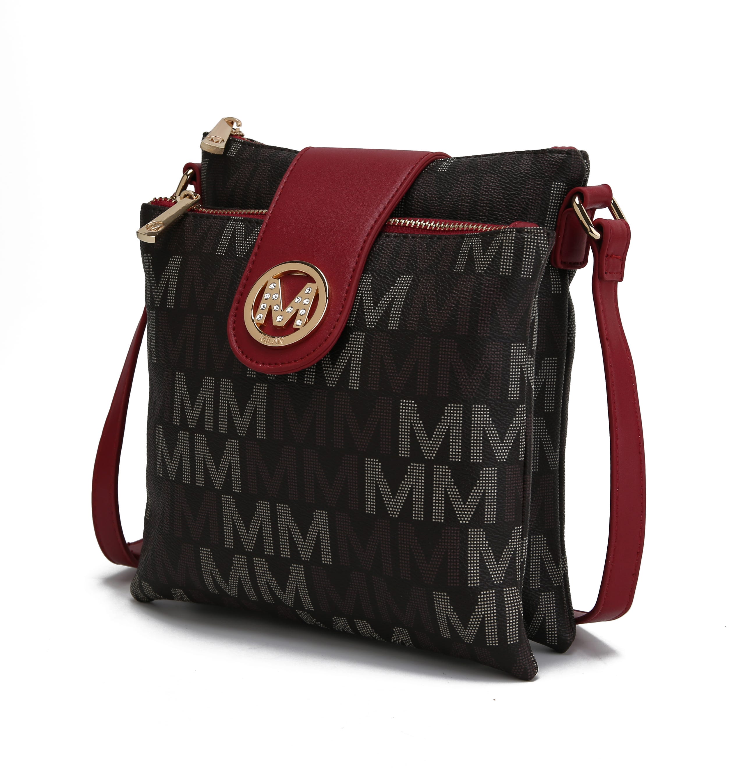 Black and brown patterned shoulder bag with red accents and a circular metallic logo.