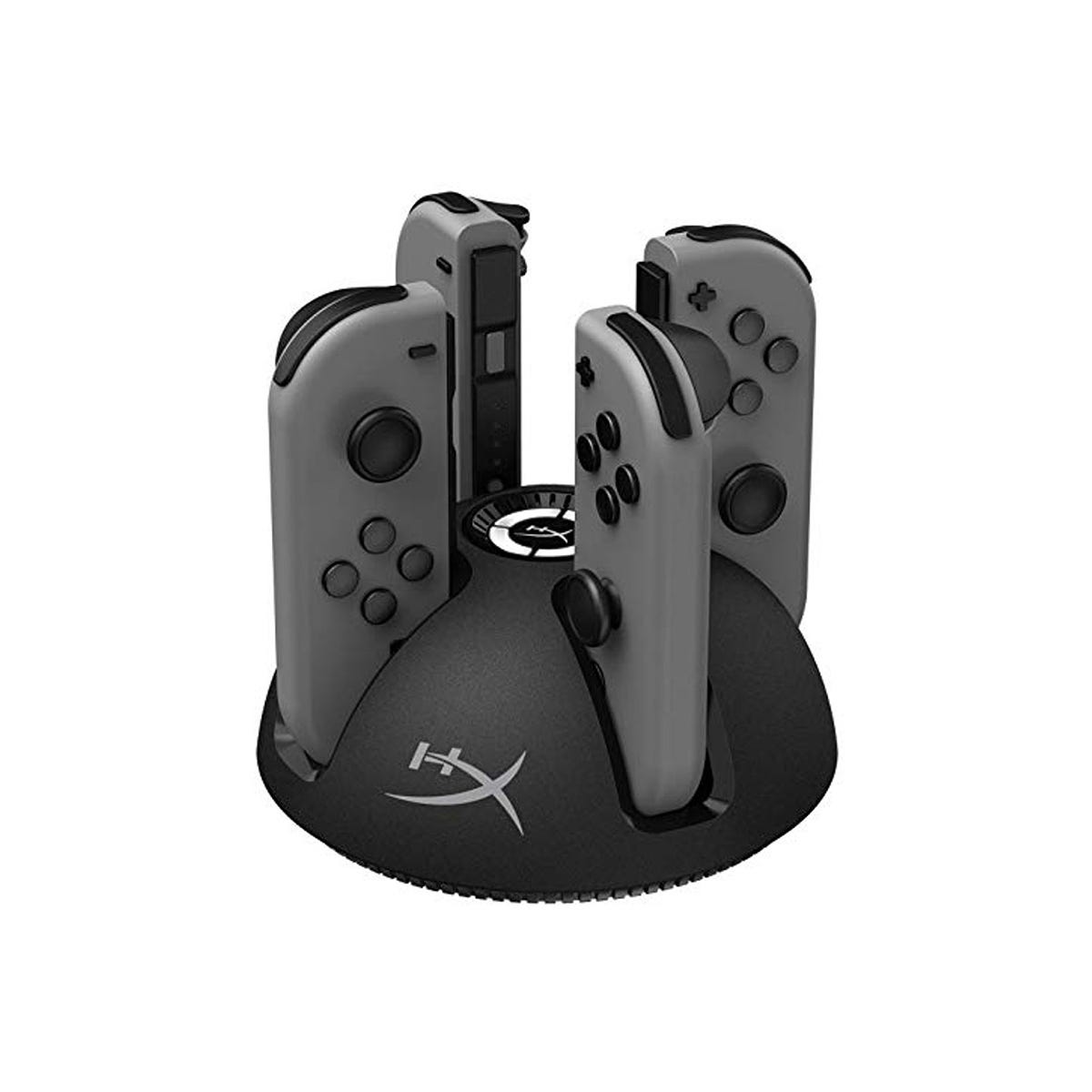 A HyperX charging station designed for Nintendo Switch Joy-Con controllers, featuring four slots to charge multiple controllers simultaneously, with a dome-shaped base and the HyperX logo.