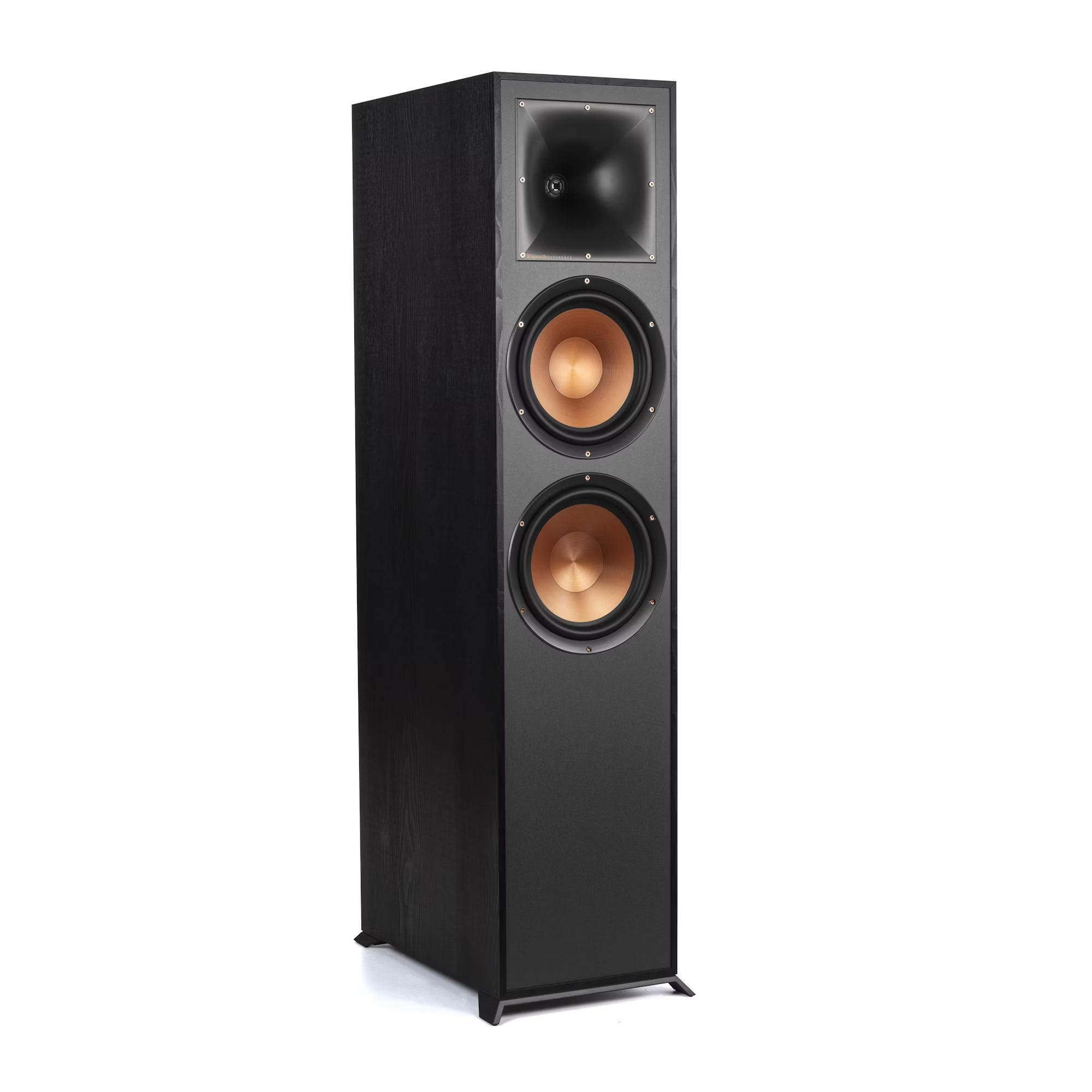 This is a black floor-standing speaker with two copper-colored woofers and a black tweeter.