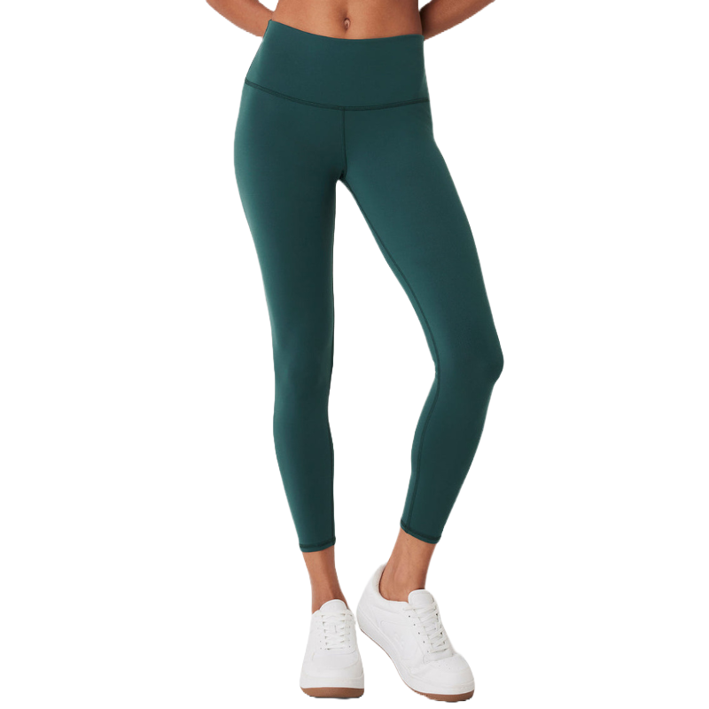 Dark green high-waist leggings paired with white sneakers, featuring a seamless, full-length design and a wide waistband for a snug fit.