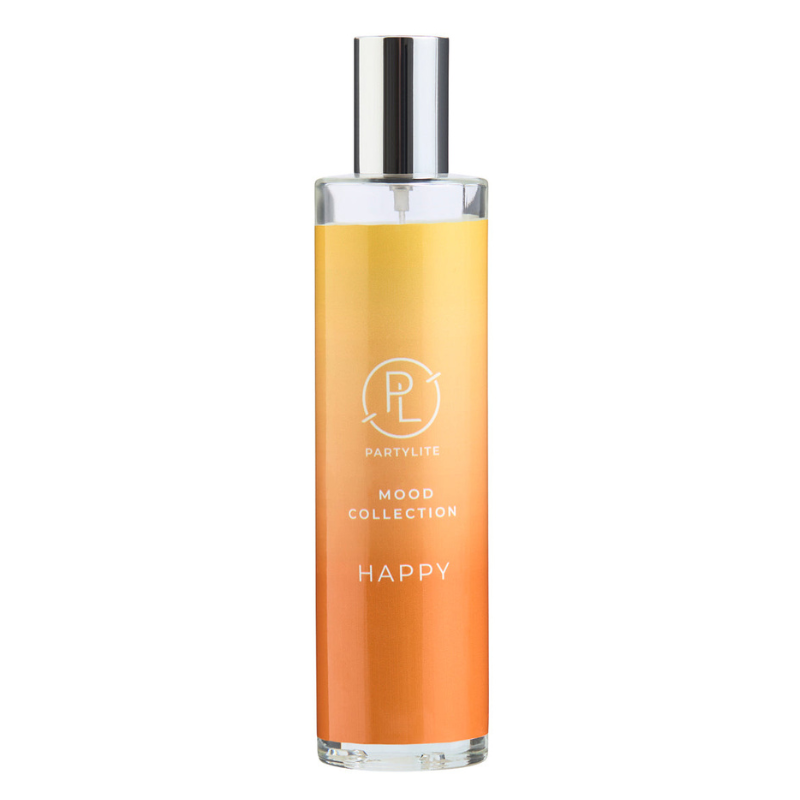 PartyLite Mood Collection Happy Room Spray in a tall glass bottle with a gradient design from yellow to orange, featuring a silver spray cap and the \“PL PartyLite\“ logo.