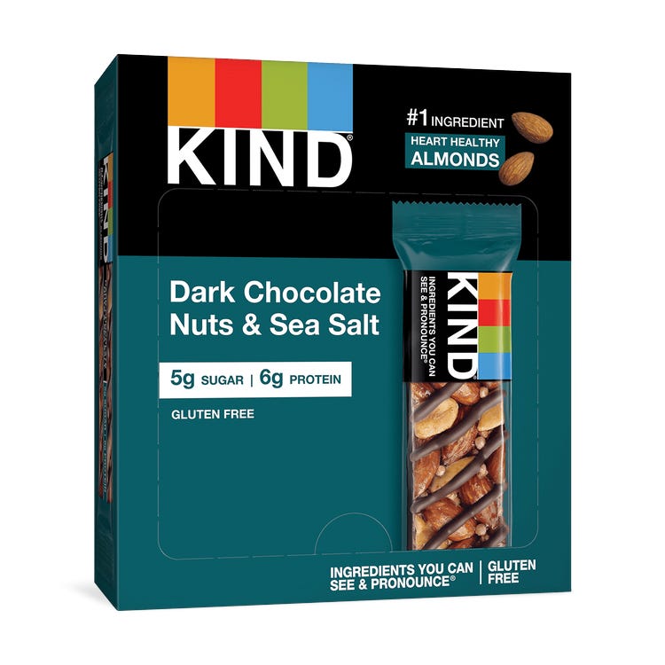 KIND Dark Chocolate Nuts & Sea Salt snack bar, with 5g sugar and 6g protein, gluten-free.