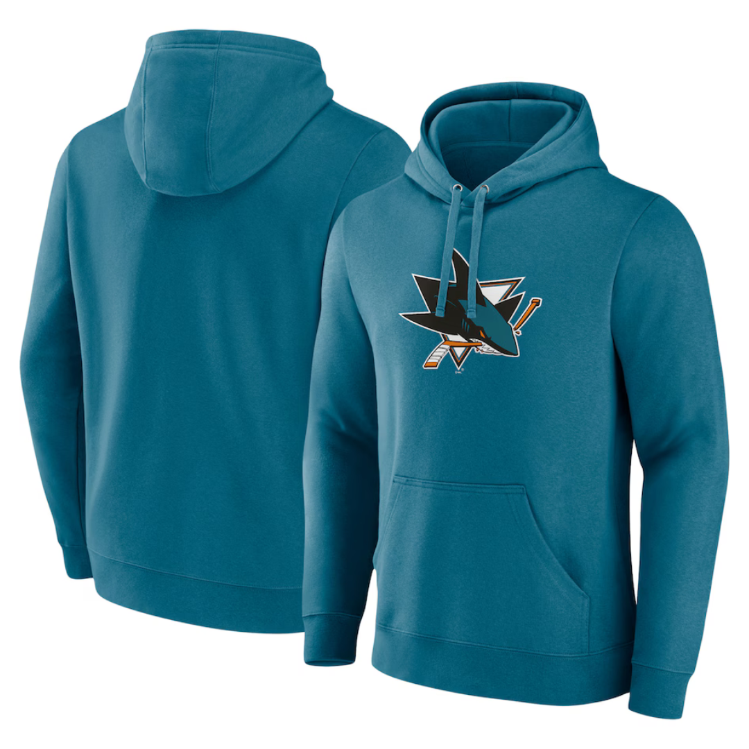 Teal hoodie featuring the San Jose Sharks logo on the front, with a drawstring hood and a front pouch pocket.