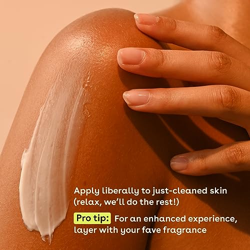 White lotion is being applied to a person's leg, with text suggesting to use it on clean skin and layer with fragrance for an enhanced experience.