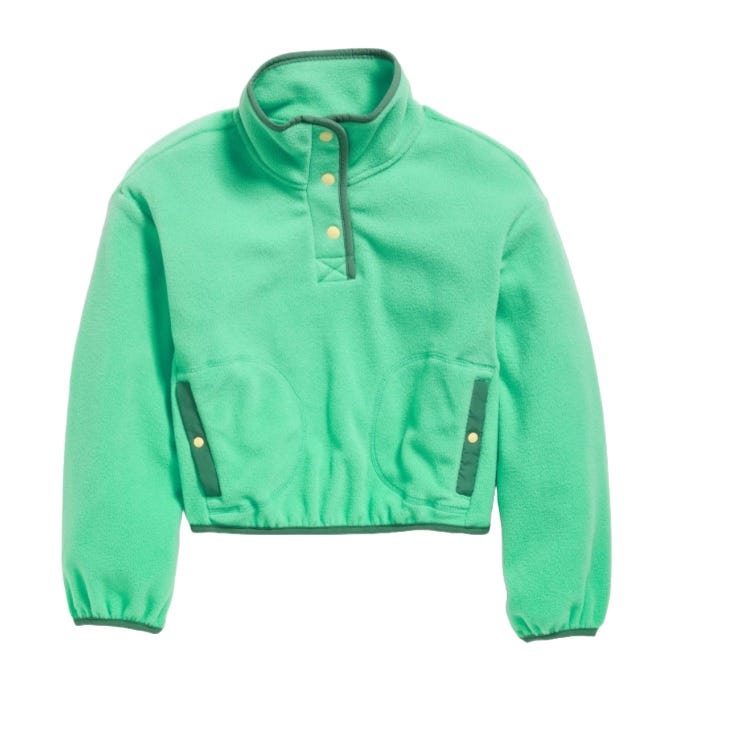 Green fleece pullover with snap button closure, high collar, and elastic cuffs, featuring two pocket openings with contrasting trim.