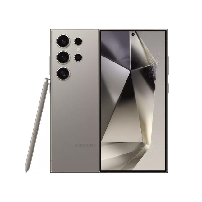 Samsung Galaxy S24 Ultra with four rear cameras, a large display, and stylus. The design features a sleek, metallic finish.