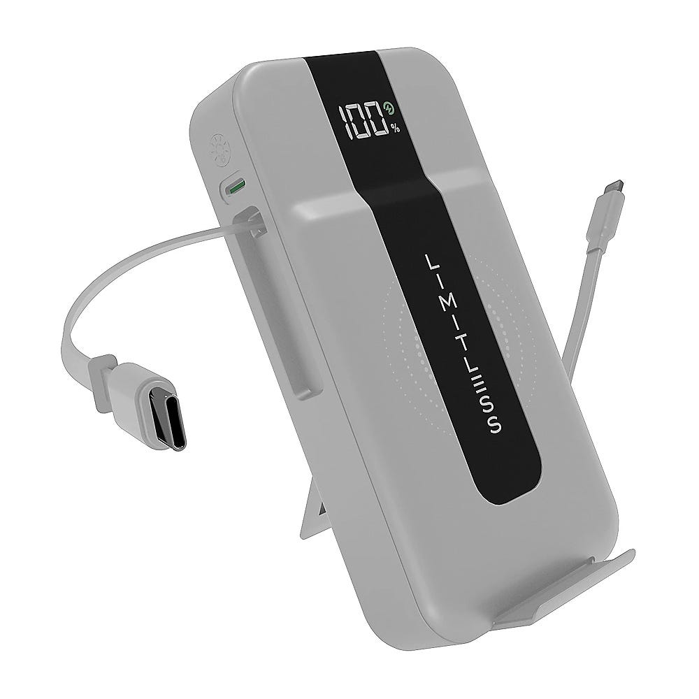 A portable power bank with a \“LIMITLESS\“ logo, built-in cables, USB Type-C connectors, a 100% charge display, and a kickstand for support.