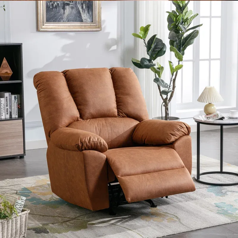 A brown upholstered recliner chair with extended footrest in a living room setting.