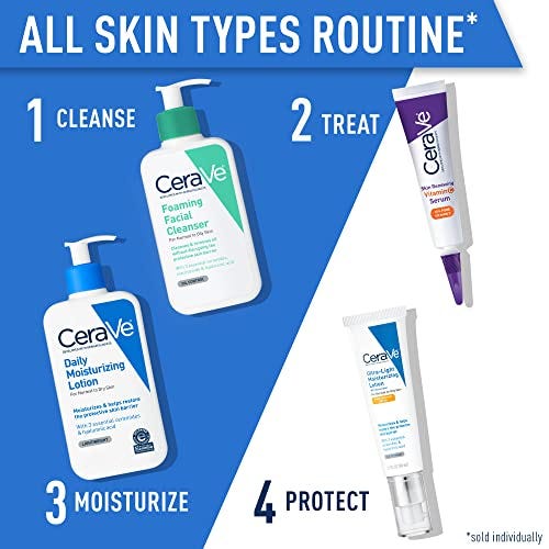 Four Cerave skincare products are presented in a numbered routine order: Foaming Facial Cleanser, a treatment product, Daily Moisturizing Lotion, and Ultra-Light Moisturizing Lotion SPF 30.