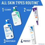 Four Cerave skincare products are presented in a numbered routine order: Foaming Facial Cleanser, a treatment product, Daily Moisturizing Lotion, and Ultra-Light Moisturizing Lotion SPF 30.