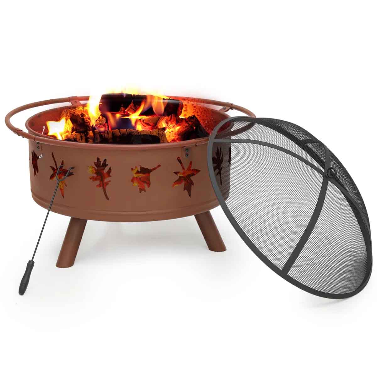 Outdoor fire pit with a maple leaf design on the sides, a mesh spark screen, and a poker tool, featuring a burning fire inside.