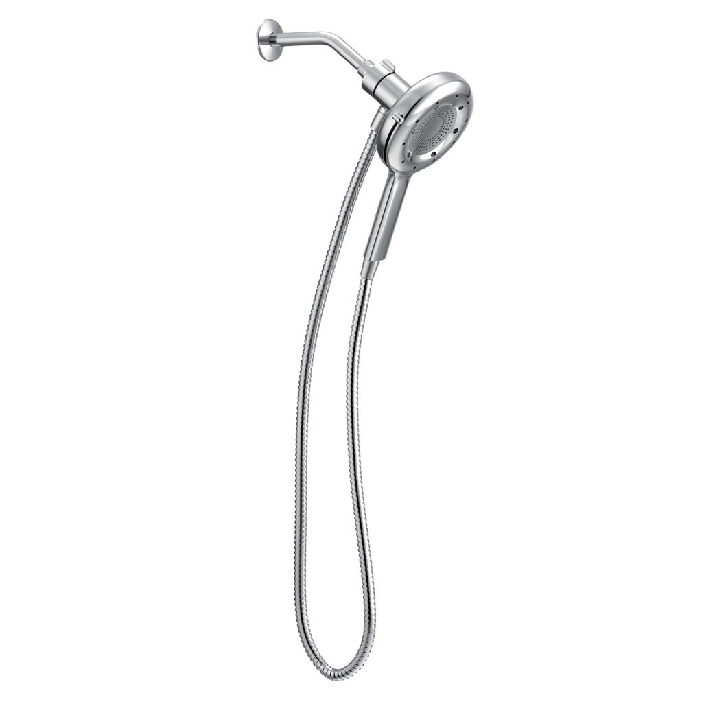 Dual showerhead with detachable handheld sprayer and flexible hose, featuring a sleek chrome finish.