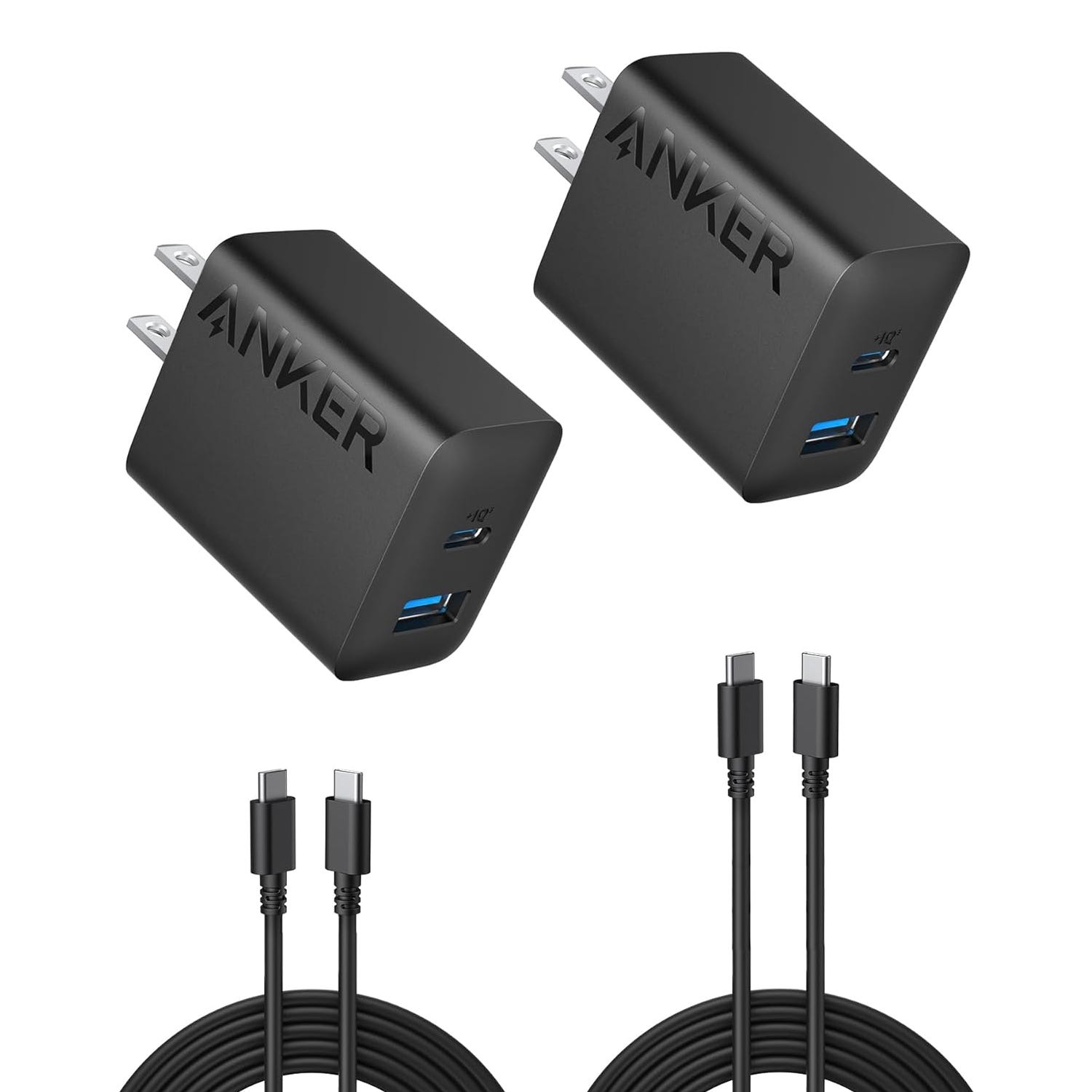 Two black USB wall chargers with dual ports, accompanied by two black USB-C cables.