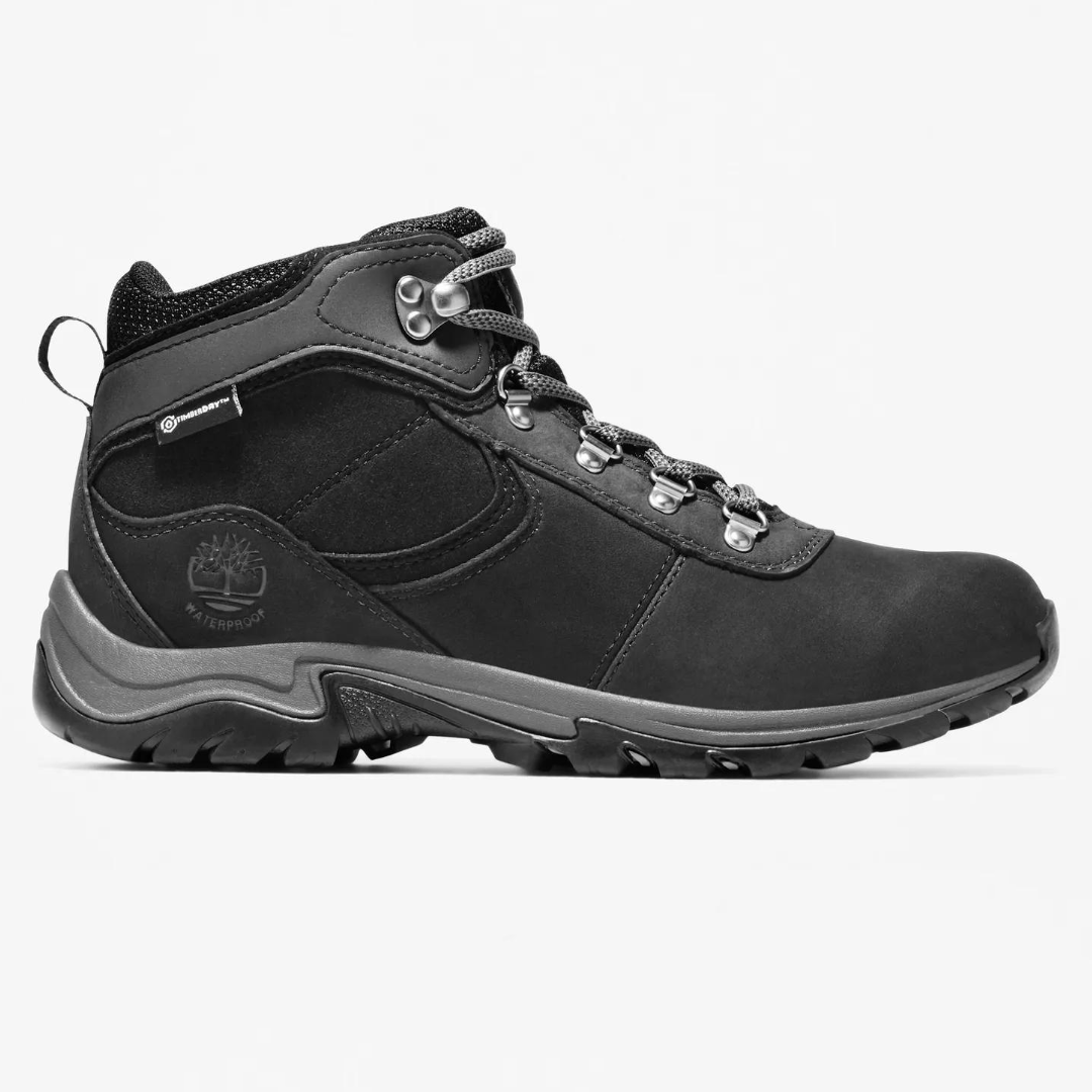 Black, mid-top hiking boot with waterproof design and metal lace eyelets.