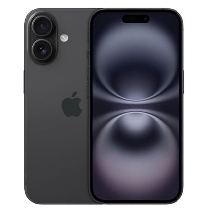 Black smartphone with dual rear cameras and a front display featuring a large circular graphic.
