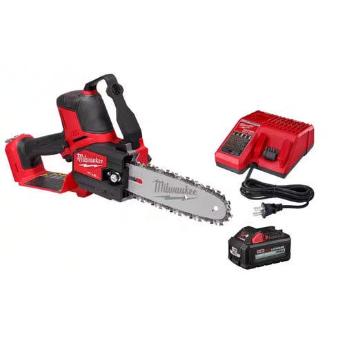 Milwaukee cordless chainsaw with battery, charger, and power cord.