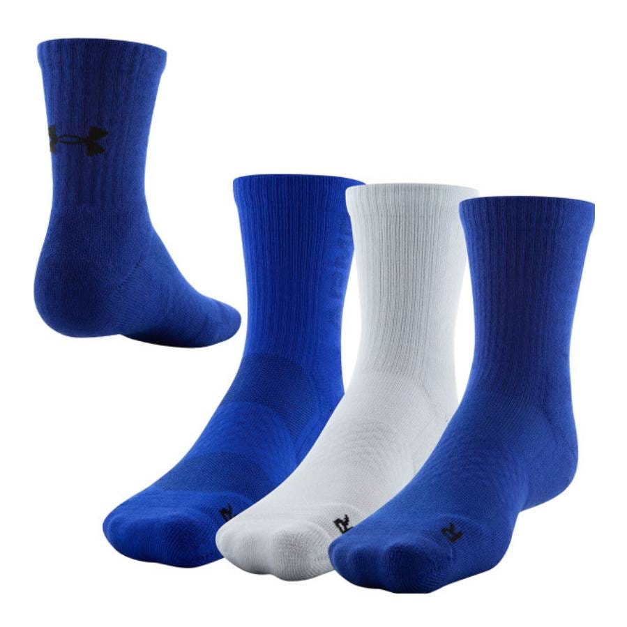 Three pairs of Under Armour crew socks are displayed, one white and two blue, all with the brand's logo near the ankle.